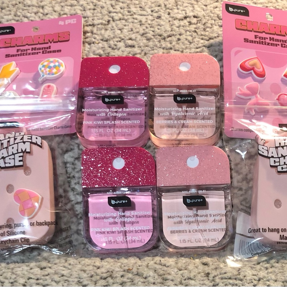 BPure Hand Sanitizers 2 Berries Cream, 2 Pink Kiwi, 2 Cases & 2 Charms Set of 8